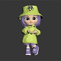 Cute Child With Purple Hair Yellow Bucket Hat Black Eye Design Yellow Coat Purple Shoes