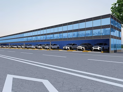Modern Glass Facade Parking Lot With Parked Cars Road Lines and Trees 3d model