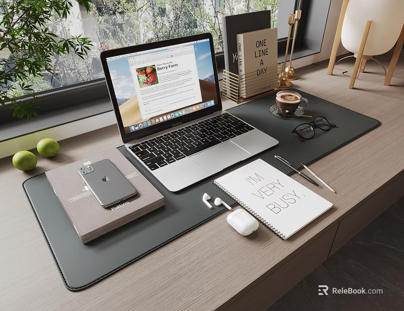Laptop Setup On Office Desk With Smartphone Mouse Notebook And Pen 3d model 