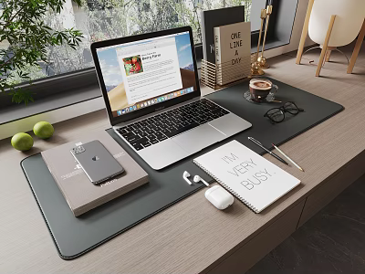 Laptop Setup On Office Desk With Smartphone Mouse Notebook And Pen 3d model