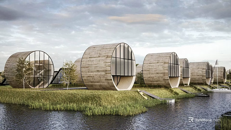 Modern Circular Detached Villa With Wooden Exterior Waterfront Large Windows And Grassland 3d model 