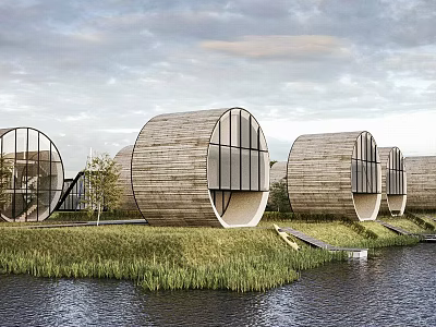 Modern Circular Detached Villa With Wooden Exterior Waterfront Large Windows And Grassland 3d model