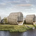 Modern Circular Detached Villa With Wooden Exterior Waterfront Large Windows And Grassland
