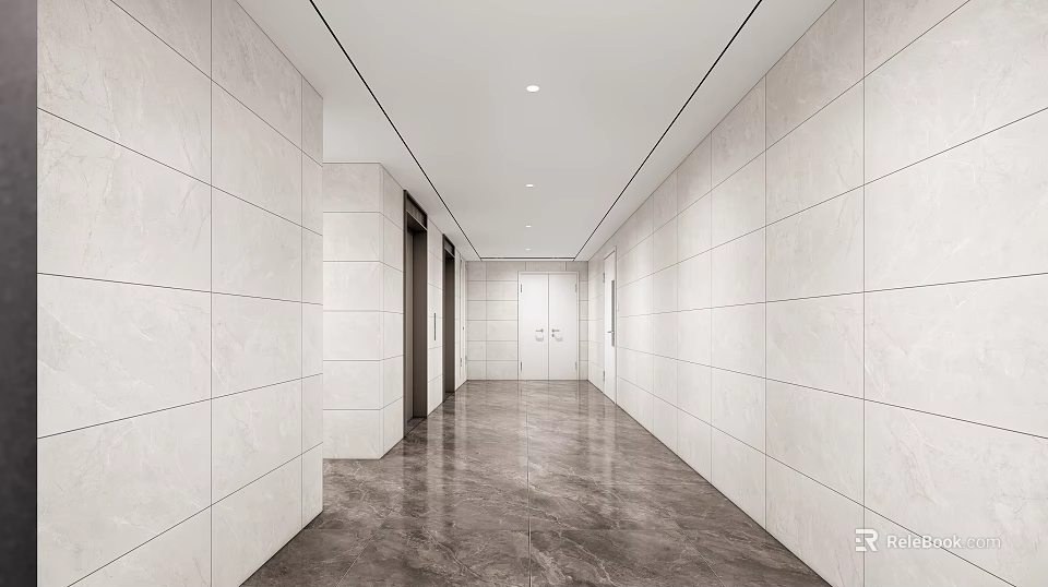 Modern Elevator Hallway With White Tiled Walls Dark Marble Flooring And Ceiling Lights 3d model