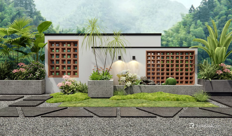 Wooden Lattice Garden Wall With Wall Lamps Green Plants Potted Shrubs And Stone Path 3d model 