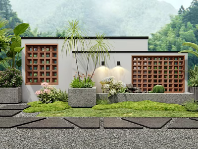 Wooden Lattice Garden Wall With Wall Lamps Green Plants Potted Shrubs And Stone Path 3d model
