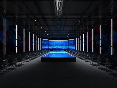 Spacious Indoor Venue With Rows of Chairs Large LED Screen and Central Platform 3d model