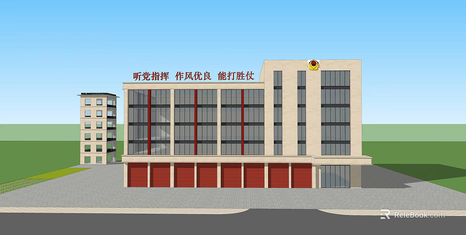 Multi Story Modern Fire Station Building With Red Garage Doors And Glass Windows 3d model 