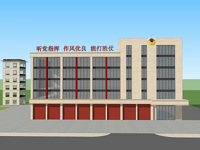 Multi Story Modern Fire Station Building With Red Garage Doors And Glass Windows 3d model