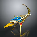 Futuristic 3D Sculpture With Yellow Blue Gold Curved Structure And Streamlined Design