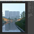 Scenic Landscape with Modern Tall Buildings Garden Water Pond Green Plants and Pavilions