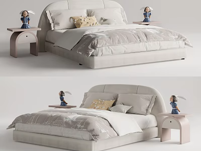 Kids Bed with Upholstered Headboard Light Color Cute Pillows Bedside Tables and Small Dolls Design 3d model