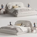 Kids Bed with Upholstered Headboard Light Color Cute Pillows Bedside Tables and Small Dolls Design