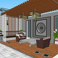 Modern Garden Landscape With Courtyard Wooden Roof Circular Feature Glass Doors Lawn And Mountain View