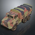 Heavy Duty Military Truck Featuring Camouflage Paint Canvas Cover And Multiple Wheels