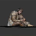 Ancient Human Figure Sitting On Round Mat Wearing Animal Skin Clothing Crafting
