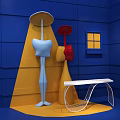 Vibrant Blue And Yellow Room With Abstract Sculptures White Table And Small Window