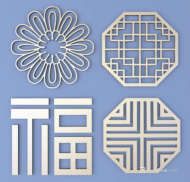 Traditional Chinese Carved Lattice Windows With Various Floral Geometric And Character Patterns 3d model 