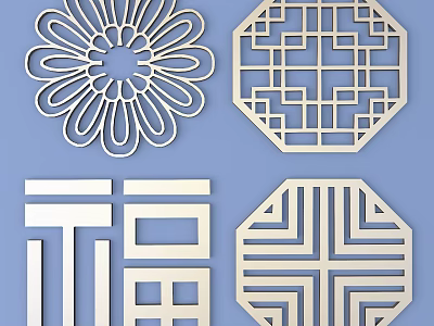 Traditional Chinese Carved Lattice Windows With Various Floral Geometric And Character Patterns 3d model