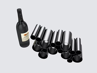 Elegant Dark Wine Bottle With Stackable Metallic Wine Glasses For Home Bar 3d model