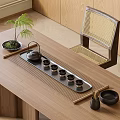 Minimalist Wooden Tea Set With Teapot Teacups Tray On Tea Table And Rattan Chair