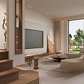 Modern Living and Dining Room Interior With Open Layout Sofa Coffee Table Dining Chairs and Kitchen Area