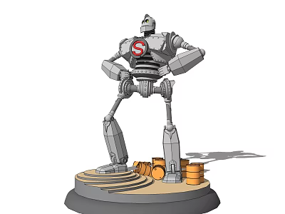 Electric Toy Robot With Mechanical Structure And Orange Barrels On Base 3d model