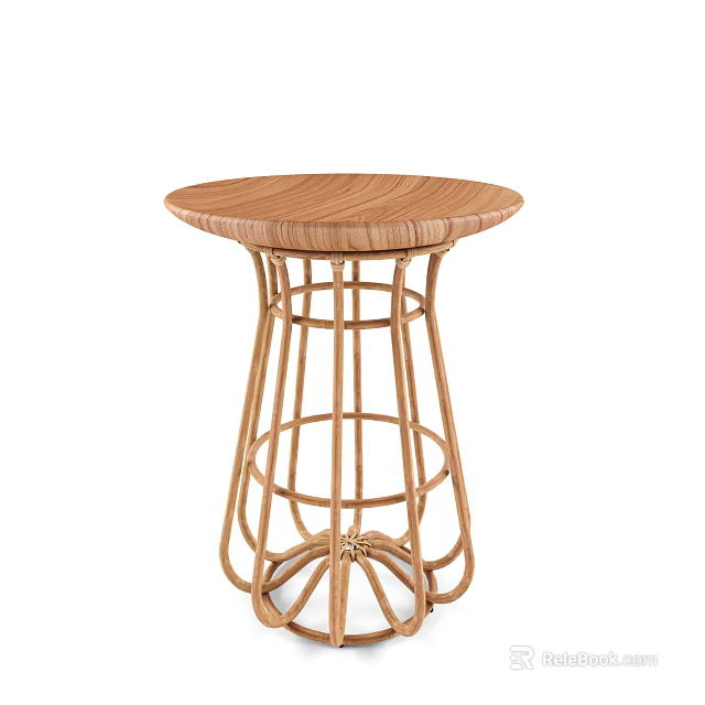 Stylish Round Table With Wooden Top And Rattan Base For Home Decor 3d model 