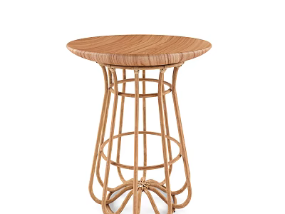 Stylish Round Table With Wooden Top And Rattan Base For Home Decor 3d model