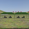 Large Open Outdoor Field Camp With Multiple Green Tents And Seats On Vast Natural Grassland