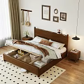Wooden Double Bed with Cozy Bedding White Brown Linens Wall Art Nightstand and Hanging Lamp