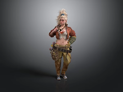 Blonde Woman In Brown Jacket Yellow Overalls With Tool Belt Holding Wrench 3d model