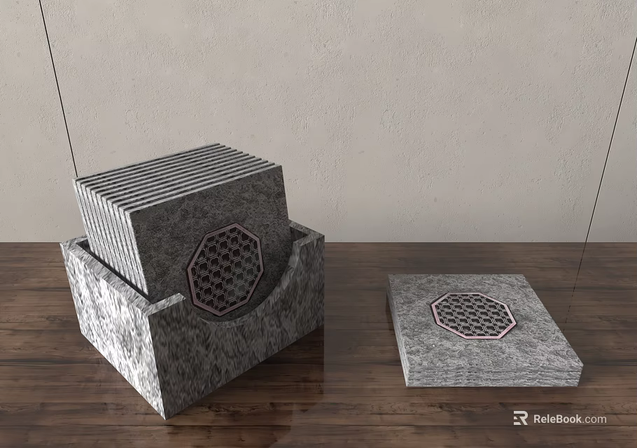 Gray Stone Tea Set With Honeycomb Hollow Design Square Box And Tray On Wooden Table 3d model 