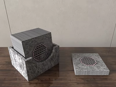 Gray Stone Tea Set With Honeycomb Hollow Design Square Box And Tray On Wooden Table 3d model
