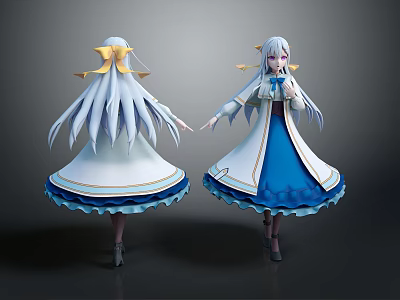 Anime Style Character Design With Long White Hair Blue Dress And Yellow Accents 3d model