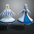 Anime Style Character Design With Long White Hair Blue Dress And Yellow Accents