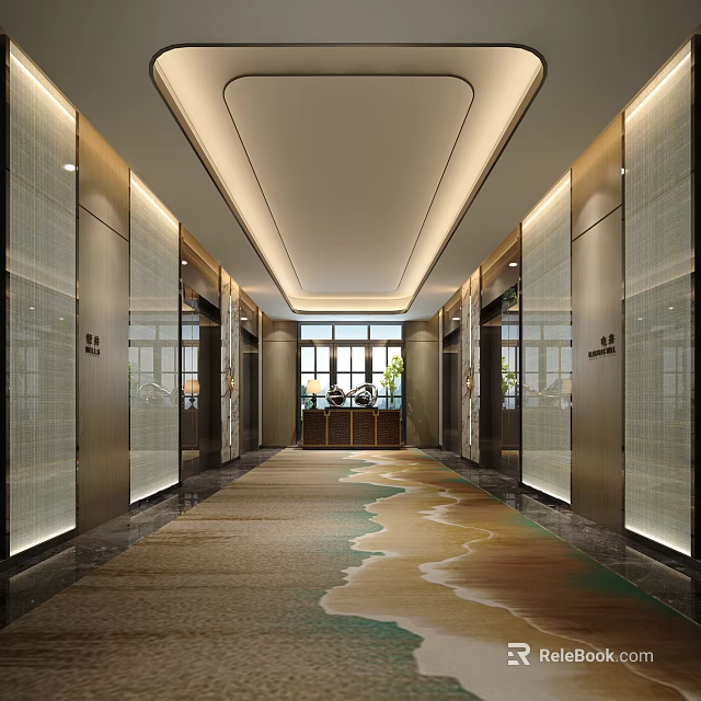 Modern Luxurious Elevator Lobby With Wavy Carpet Pattern Recessed Lights Stone Walls And Glass Windows 3d model 