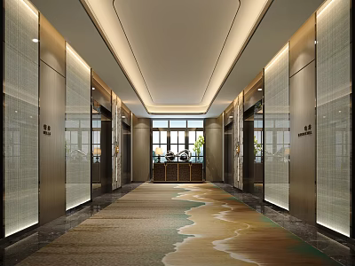 Modern Luxurious Elevator Lobby With Wavy Carpet Pattern Recessed Lights Stone Walls And Glass Windows 3d model