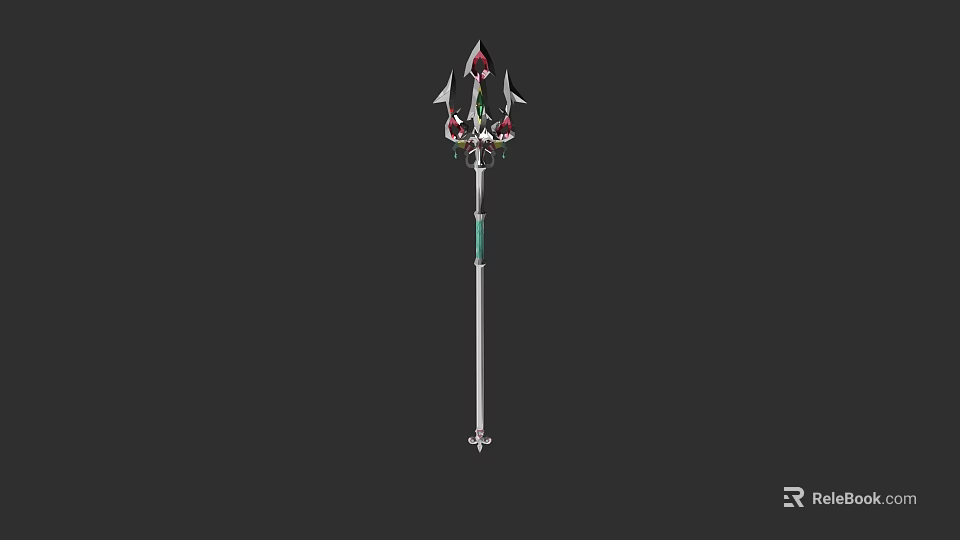 Decorative Medieval Spear Weapon With Ornate Top Green Accents And Silver Shaft 3d model 