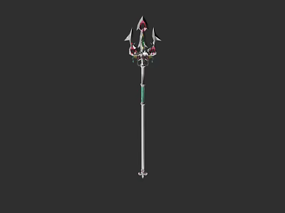 Decorative Medieval Spear Weapon With Ornate Top Green Accents And Silver Shaft 3d model