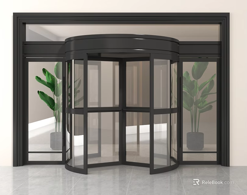 Modern Revolving Door With Black Frame Glass Panels Green Plants White Walls And Gray Floor 3d model 