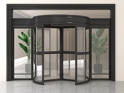Modern Revolving Door With Black Frame Glass Panels Green Plants White Walls And Gray Floor 3d model