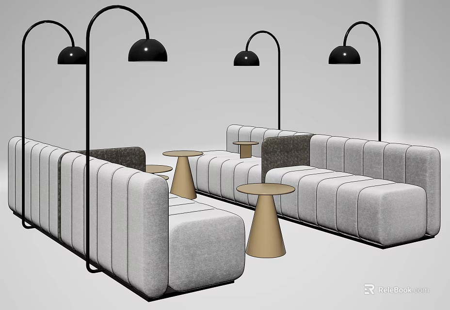 Modern Comfortable Public Chairs With Grey Upholstery Metal Frames Black Floor Lamps And Round Tables 3d model 