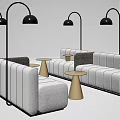 Modern Comfortable Public Chairs With Grey Upholstery Metal Frames Black Floor Lamps And Round Tables