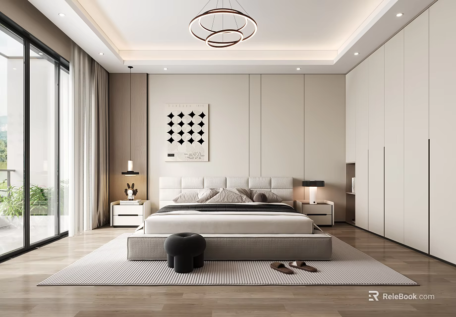 Modern Bedroom Interior Design With Large Bed Chandelier Wardrobes And Floor to Ceiling Windows 3d model 