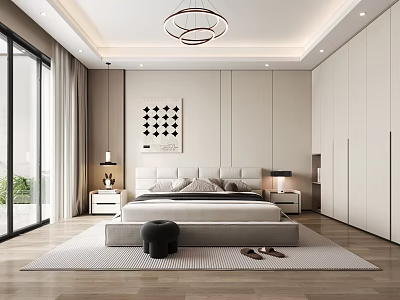 Modern Bedroom Interior Design With Large Bed Chandelier Wardrobes And Floor to Ceiling Windows 3d model