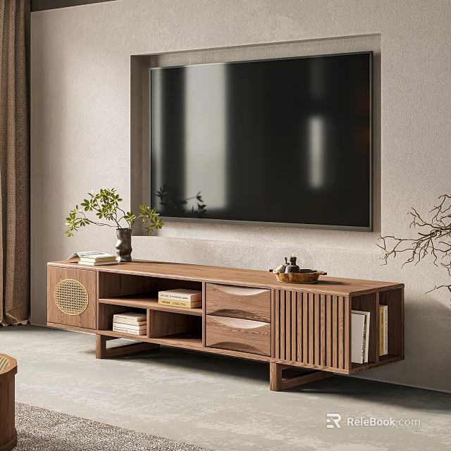Modern Wooden TV Stand With Books Vase Green Plant And Storage Drawers 3d model 