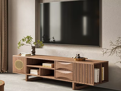 Modern Wooden TV Stand With Books Vase Green Plant And Storage Drawers 3d model