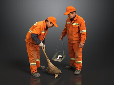 Two Sanitation Workers In Orange Work Uniforms Sweeping With Broom And Trash Bin 3d model