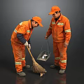 Two Sanitation Workers In Orange Work Uniforms Sweeping With Broom And Trash Bin